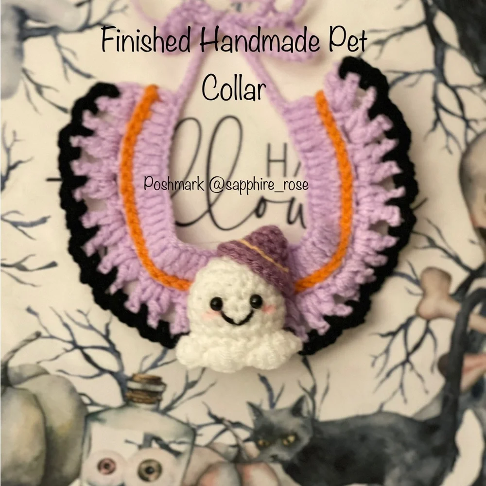 Handmade Halloween Pet Costume Collar Cat Dog Crochet Ghost Finished Product New
